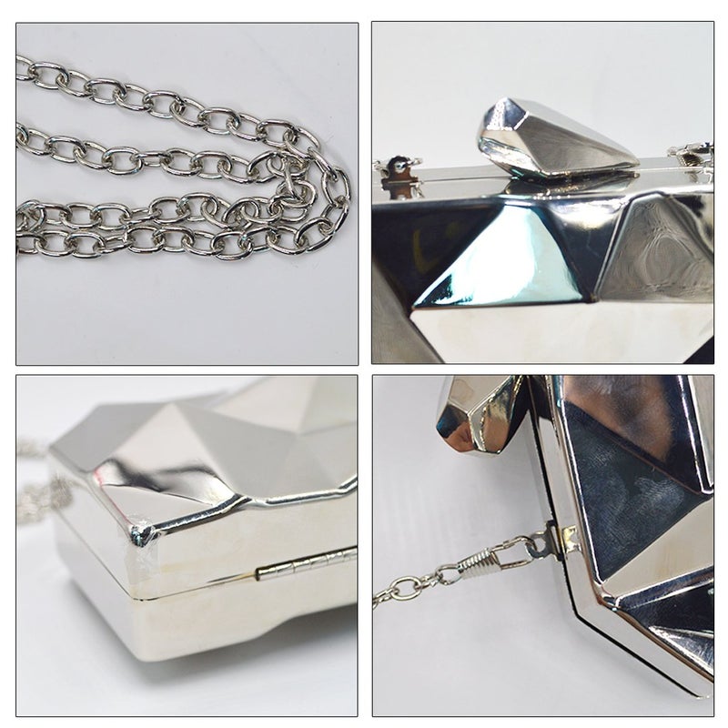 Reberomantic Women Lattice Pattern Metal Handbag Chain Geometric Evening Clutch Purse, Silver - Image 3
